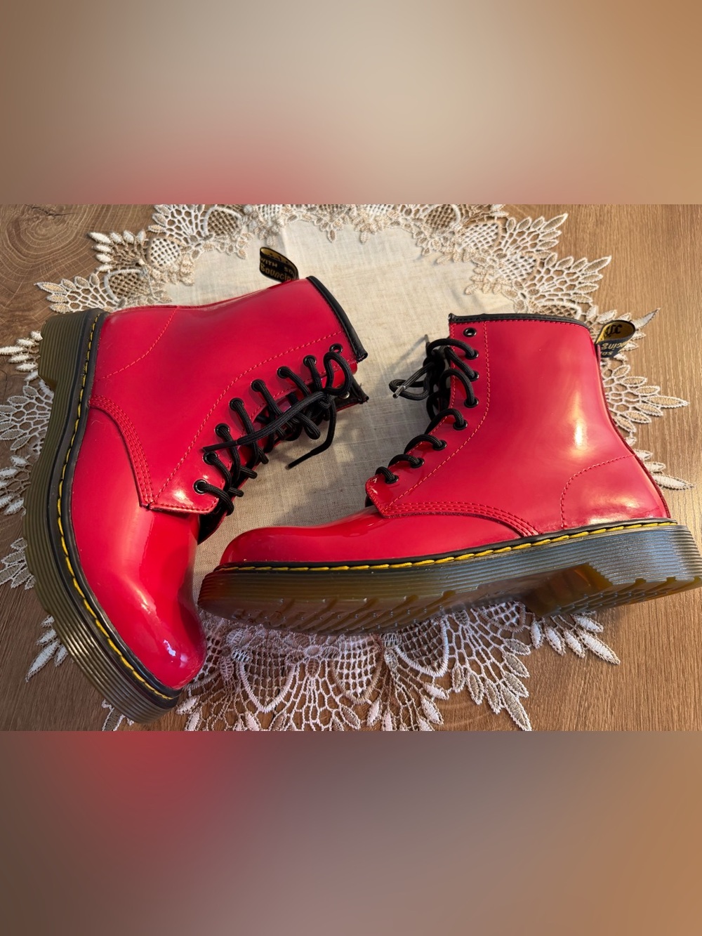 Dr. Martens Red Patent Leather Lace-Up Ankle Boots